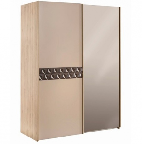 Moderní šatní skříň Oscar s posuvnými dveřmi a zrcadlem - dub světlý/béžová/hnědá