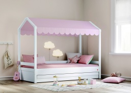 Domečková postel se stříškou a úložným prostorem Fairy II - bílá/růžová